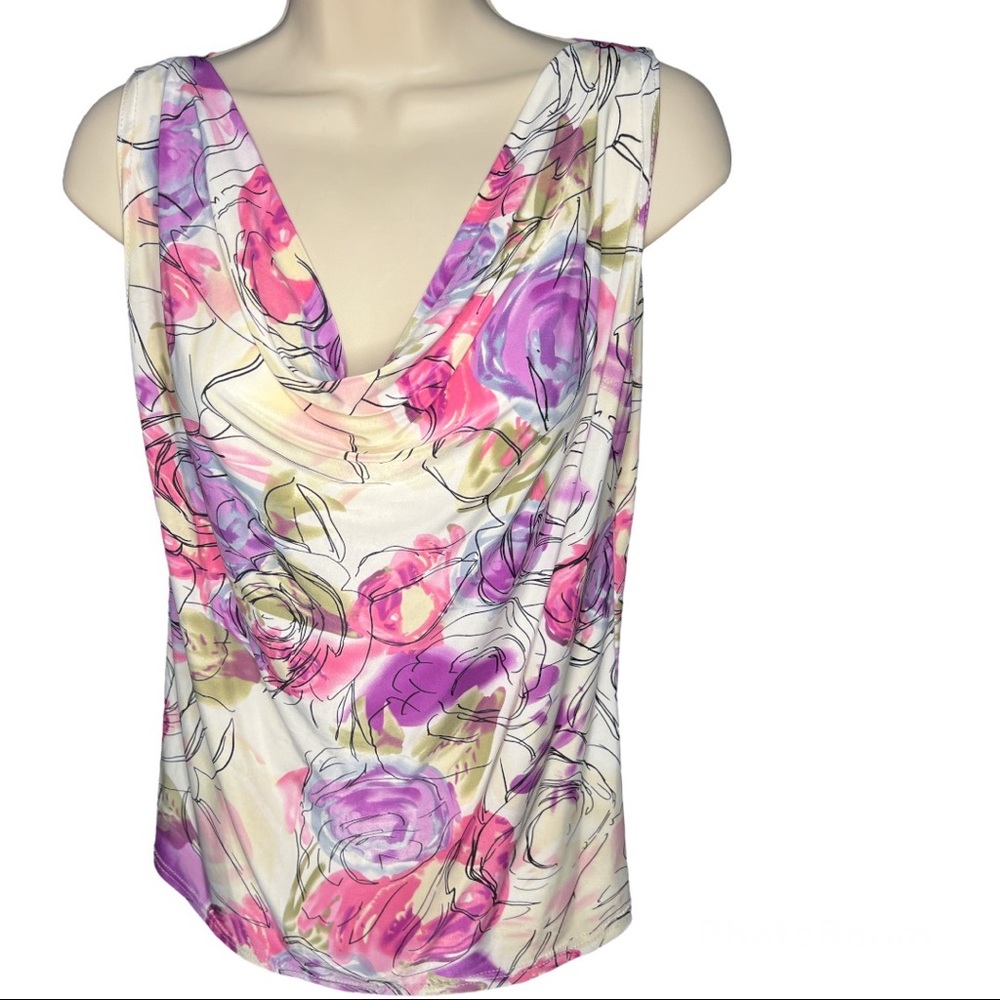 Ashli Couture Floral Blouse. Beautiful draped neckline. Size XL.